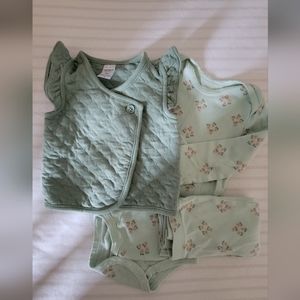 Carter's sage green body suit, pant, and vest